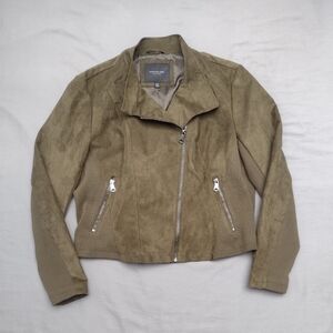 Marc New York by Andrew Marc Green Faux Suede Stretch Panel Zip Up Moto Jacket